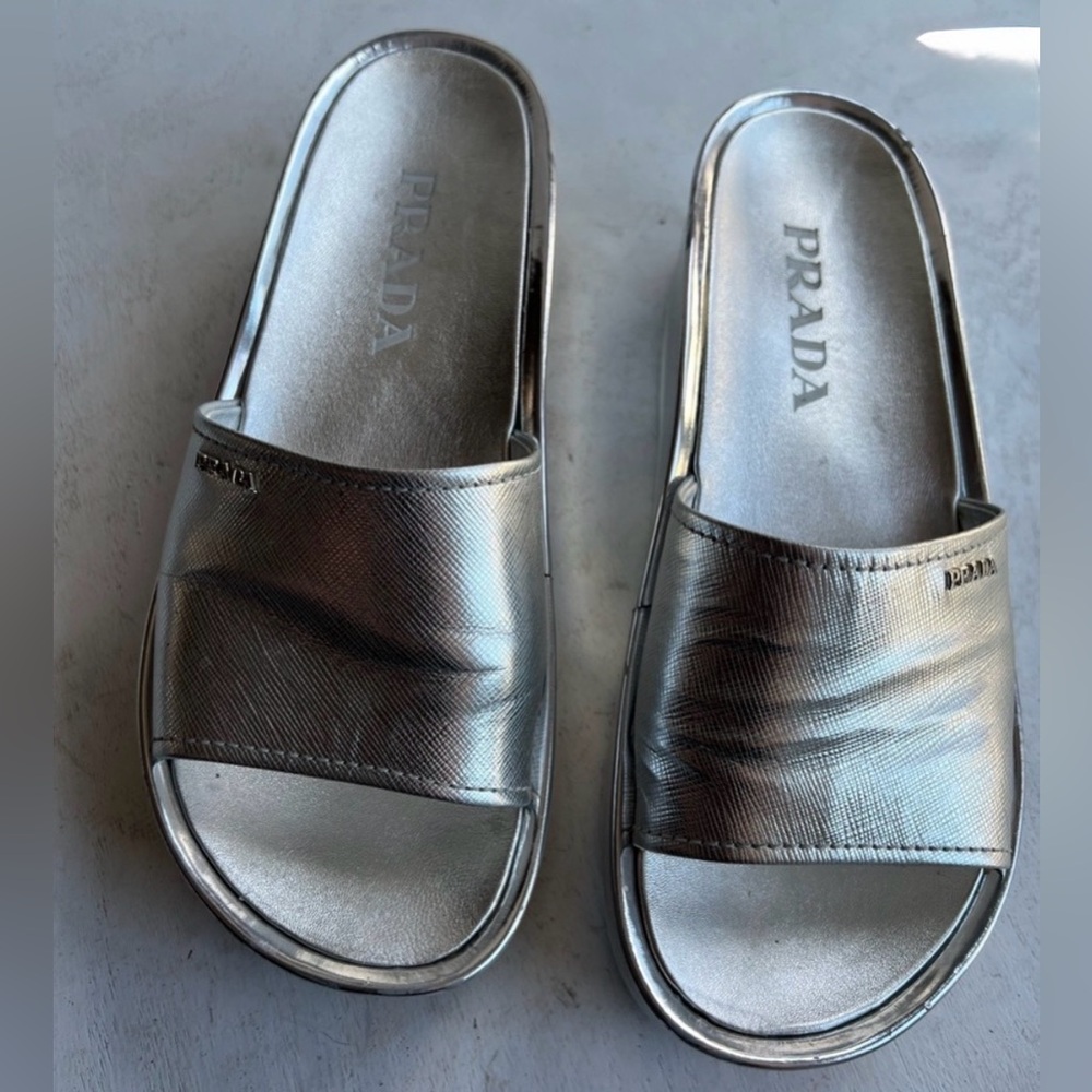 Prada silver leather platform sandals size 39